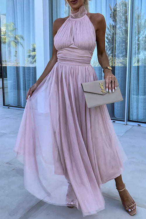 Amsoin Halter Backless Waisted Tulle Maxi Dress