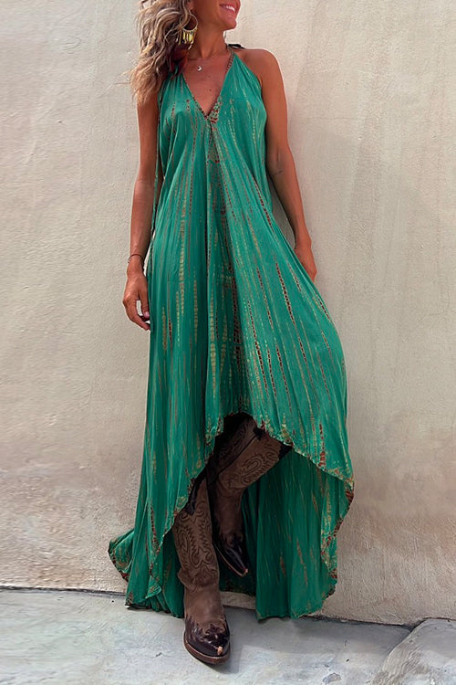 Amsoin V Neck High Low Hem Tie Dye Maxi Cami Dress