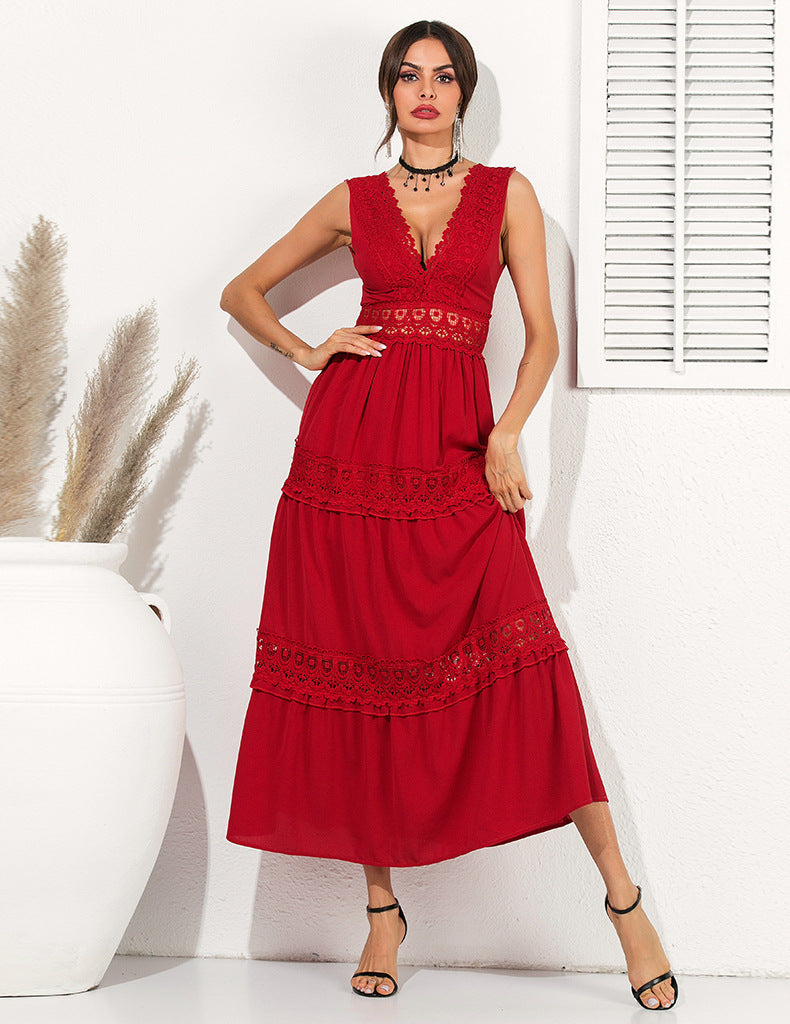 Amsoin Lace Swing Sleeveless Chiffon Dress