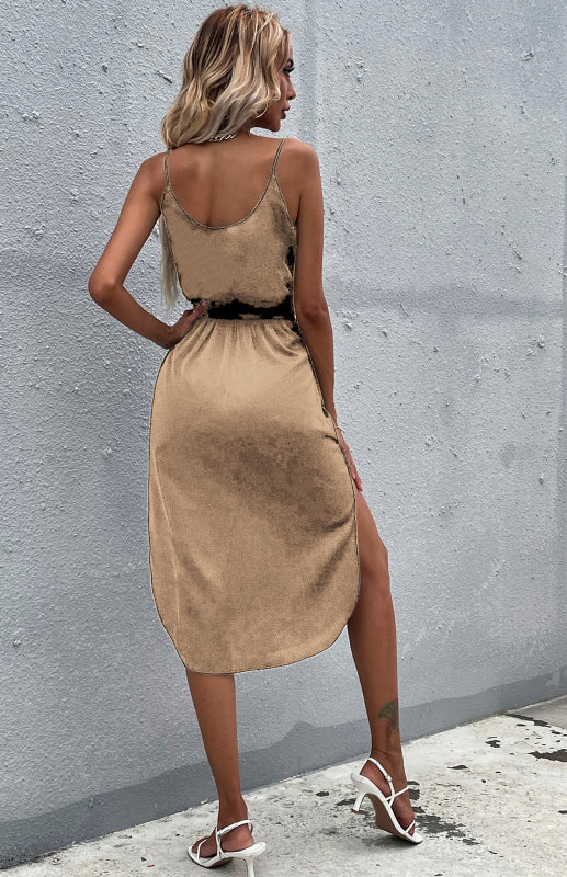Amsoin Solid Color Hip Slit Dress