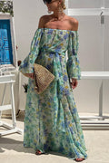 Amsoin Off Shoulder Floral Print Elastic Waist Ruffle Maxi Dress