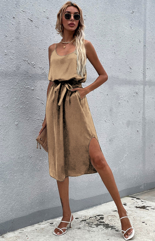Amsoin Solid Color Hip Slit Dress
