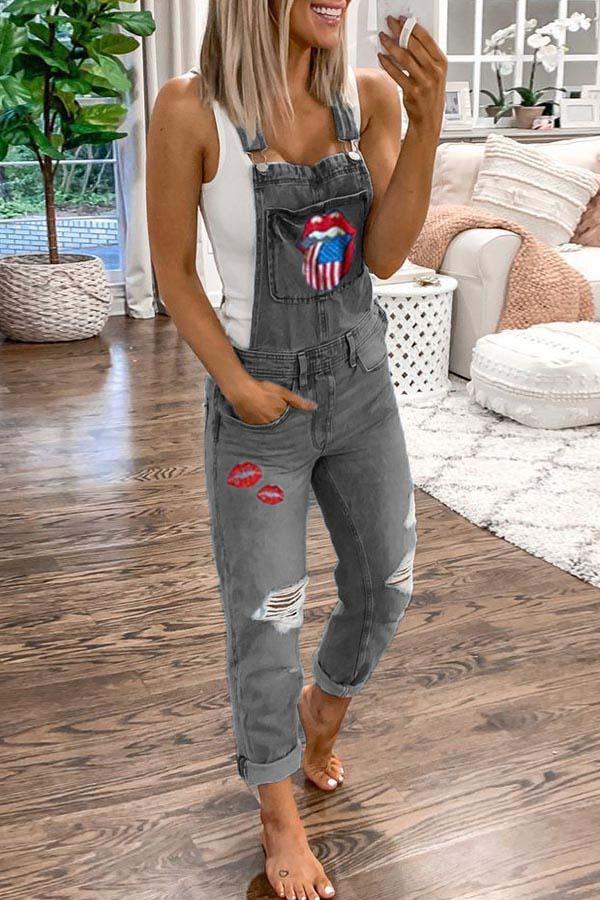 Amsoin Denim Print Suspender Jeans