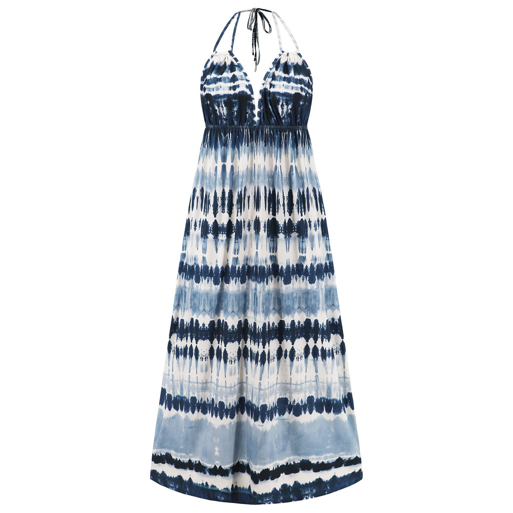 Amsoin Sexy Slim Tie Dye Strap Backless Printed Skirt Bohemian Beach Long Skirt