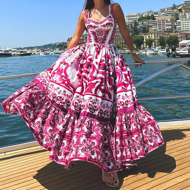 Amsoin Sexy Printed Fashion V-neck Backless High Waist Large Swing Dress
