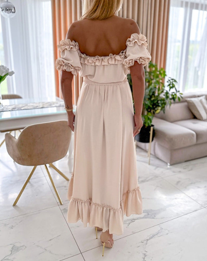 Amsoin Ruffle Frill Hem Asymmetrical Maxi Dress