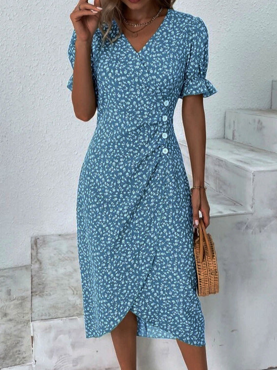 Amsoin Geometric Puff Sleeves Irregular Dress