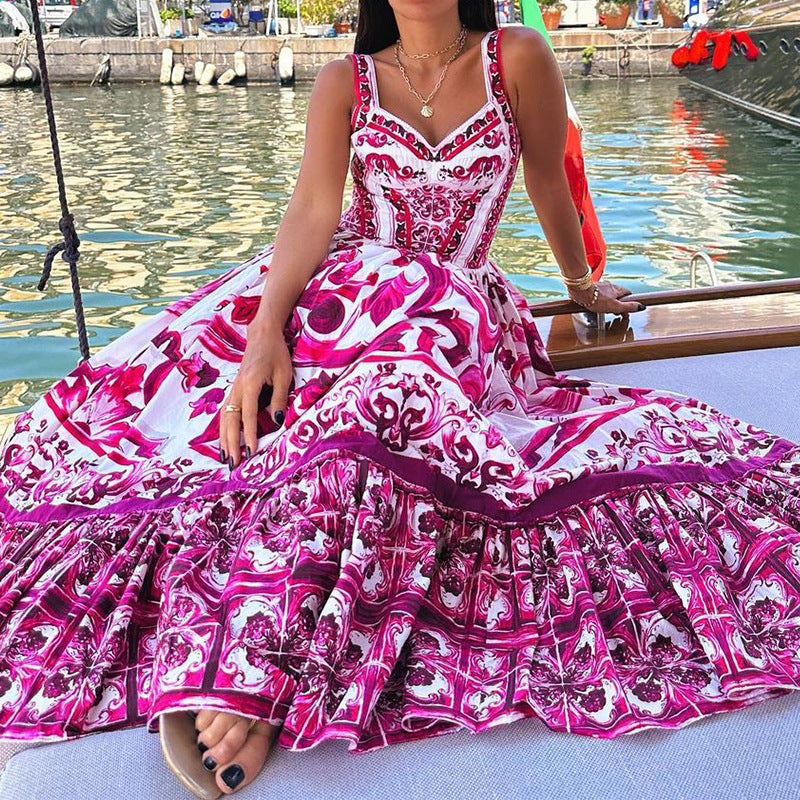 Amsoin Sexy Printed Fashion V-neck Backless High Waist Large Swing Dress