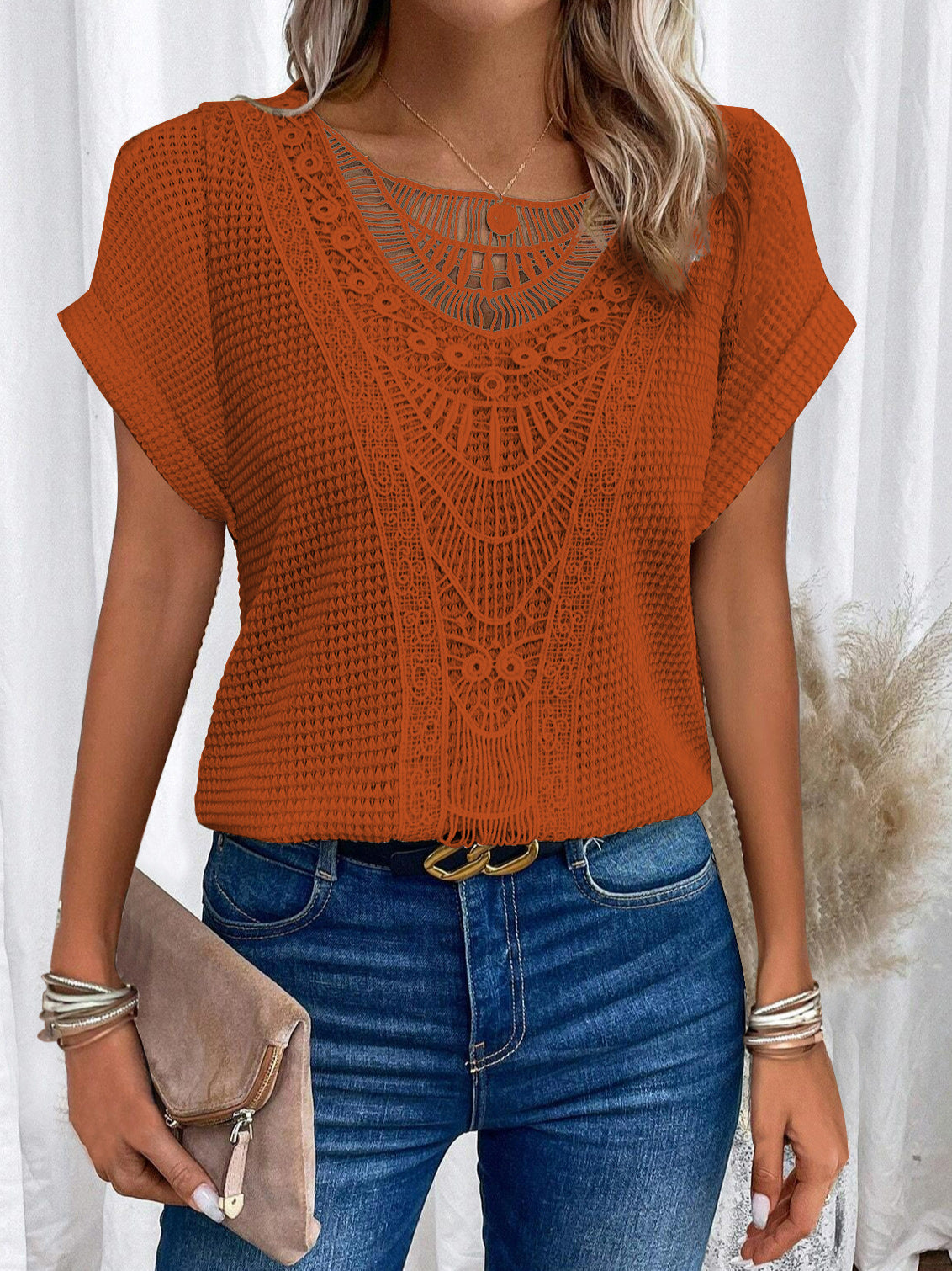 Amsoin Women's Lace Patchwork Batwing Short Sleeve T-Shirt