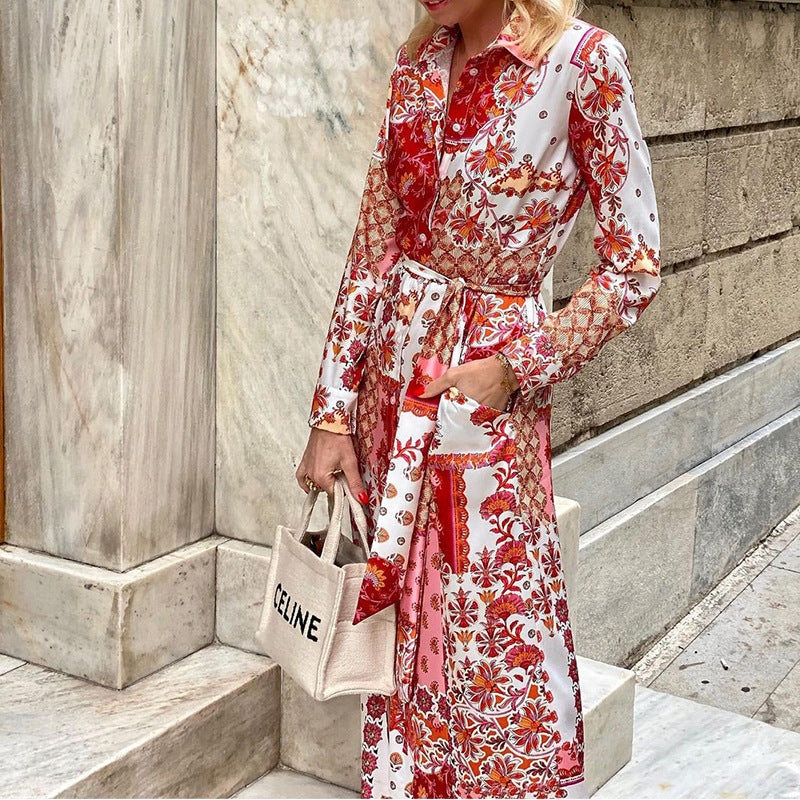 Amsoin Floral Geometric Print Single Breasted Lace Up Pocket Maxi Dress