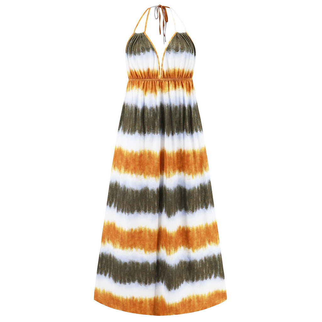 Amsoin Sexy Slim Tie Dye Strap Backless Printed Skirt Bohemian Beach Long Skirt