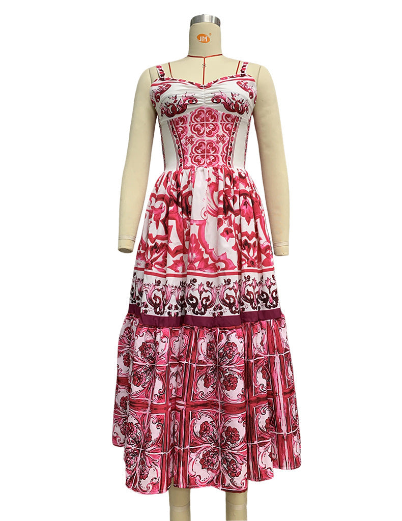 Amsoin Sexy Printed Fashion V-neck Backless High Waist Large Swing Dress