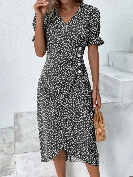 Amsoin Geometric Puff Sleeves Irregular Dress