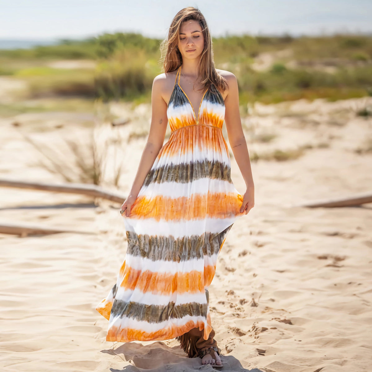Amsoin Sexy Slim Tie Dye Strap Backless Printed Skirt Bohemian Beach Long Skirt