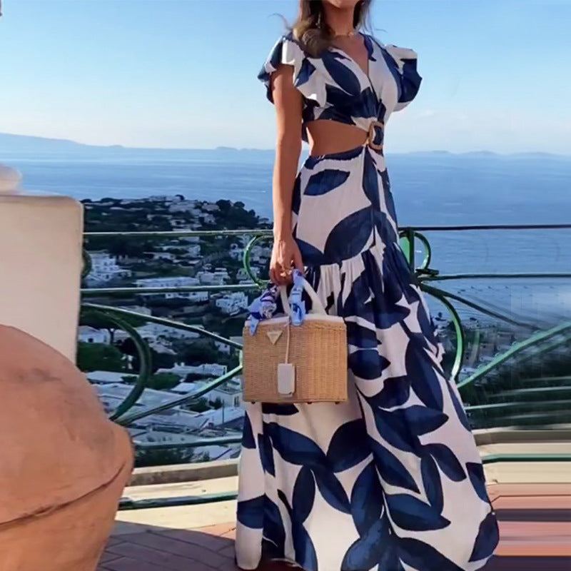 Amsoin Printed V-neck Puff Sleeve Long Sexy Waistless Dress