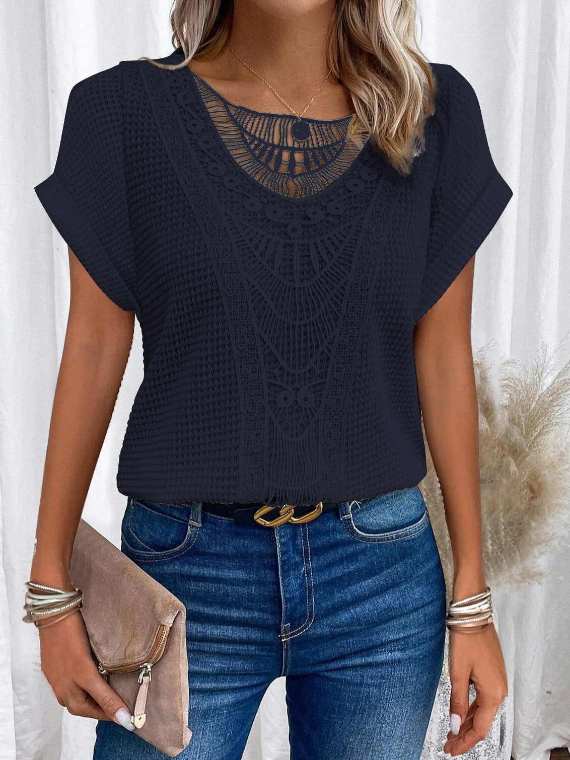Amsoin Women's Lace Patchwork Batwing Short Sleeve T-Shirt