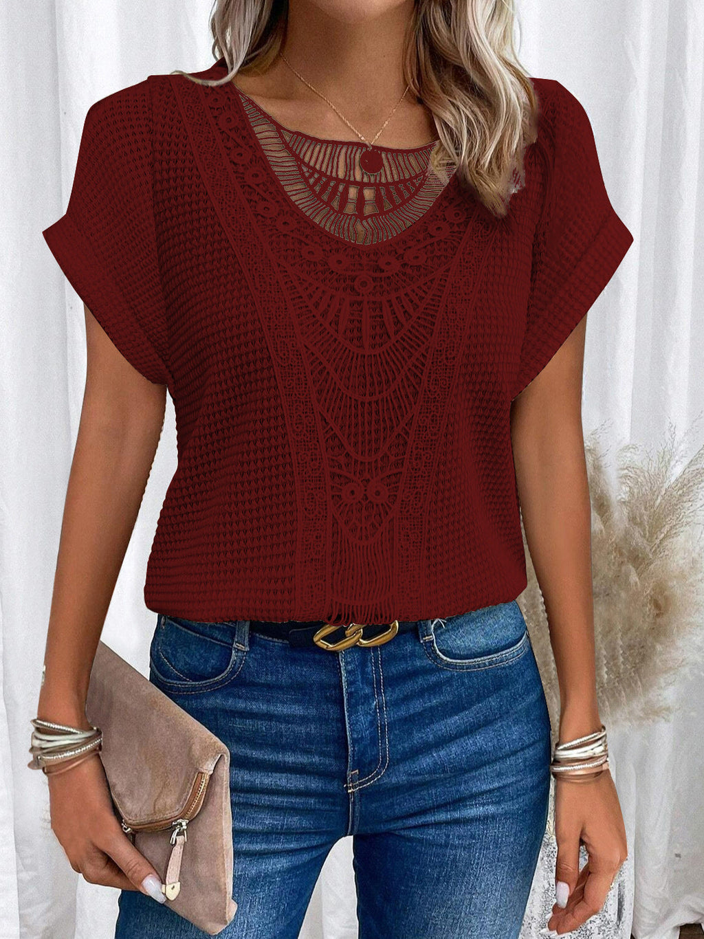 Amsoin Women's Lace Patchwork Batwing Short Sleeve T-Shirt
