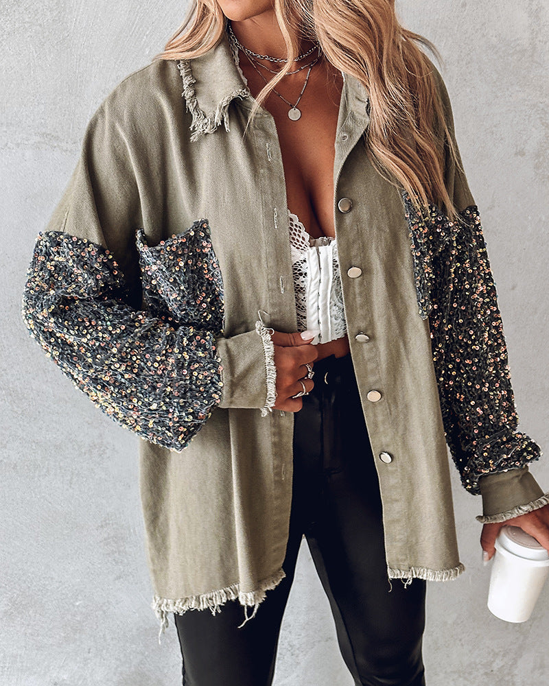 Amsoin Contrast Sequin Raw Hem Shacket