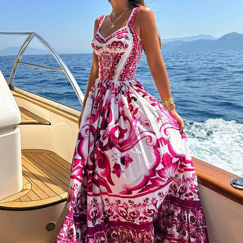 Amsoin Sexy Printed Fashion V-neck Backless High Waist Large Swing Dress