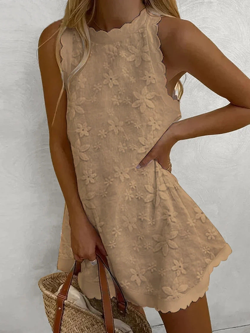 Amsoin Sweet Vacation Solid Embroidered Vest Dress