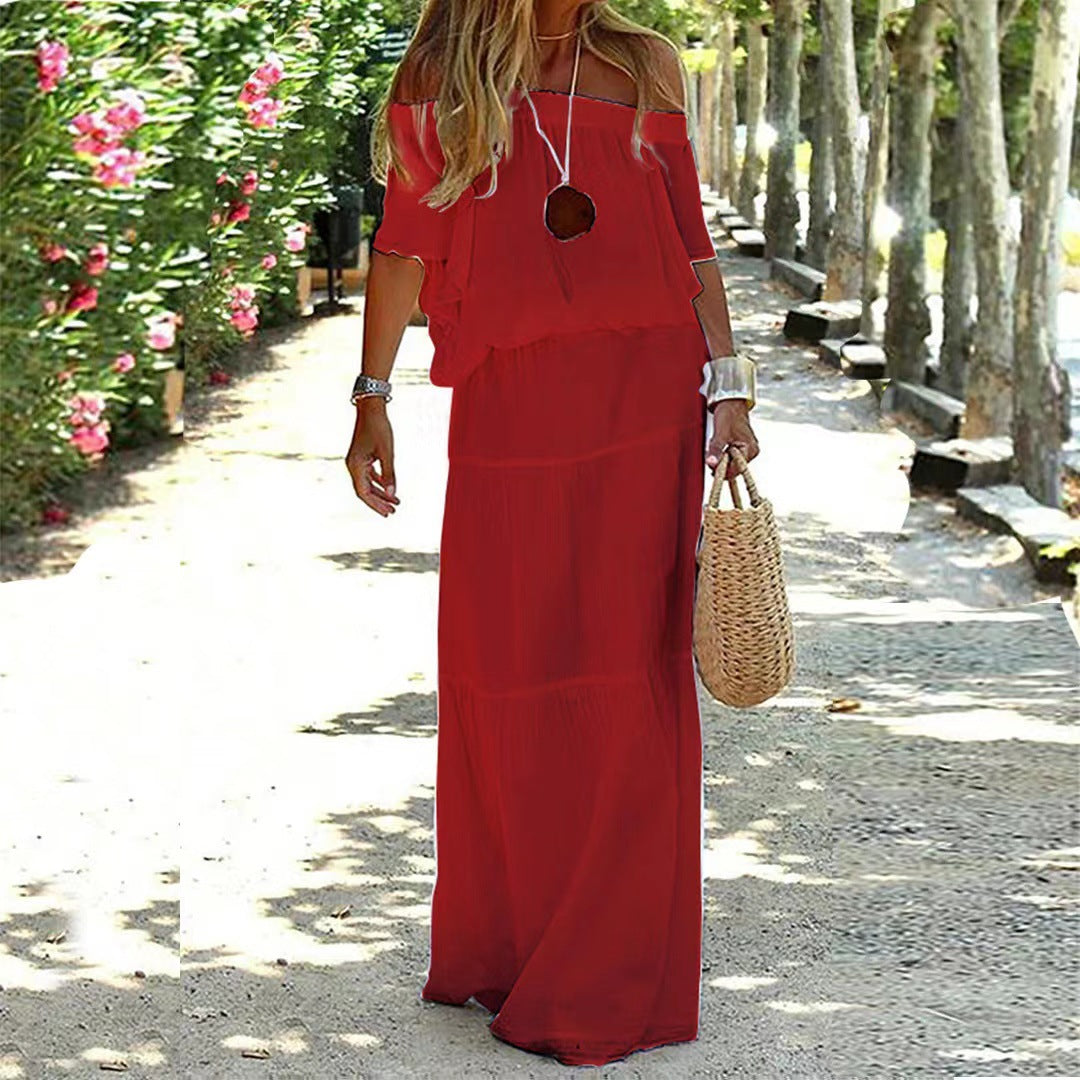Amsoin Casual Off Shoulder Solid Beach Maxi Dress