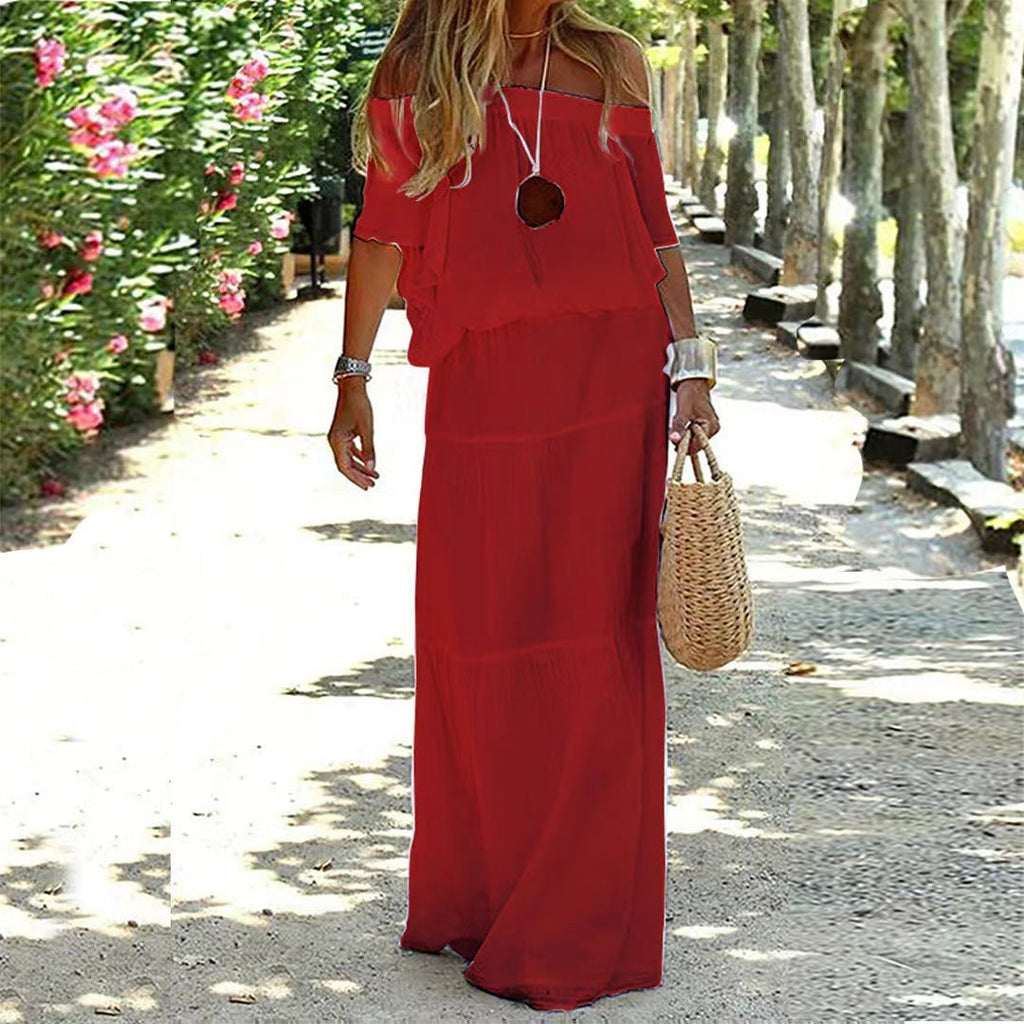 Amsoin Casual Off Shoulder Solid Beach Maxi Dress