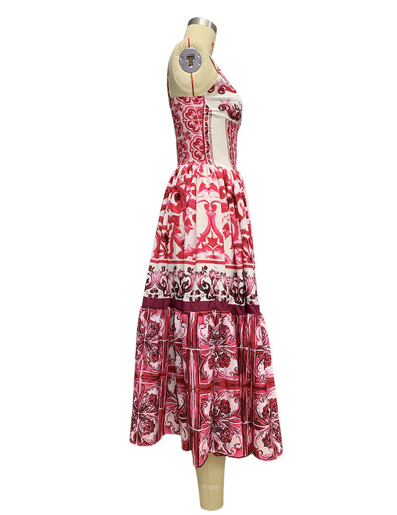 Amsoin Sexy Printed Fashion V-neck Backless High Waist Large Swing Dress