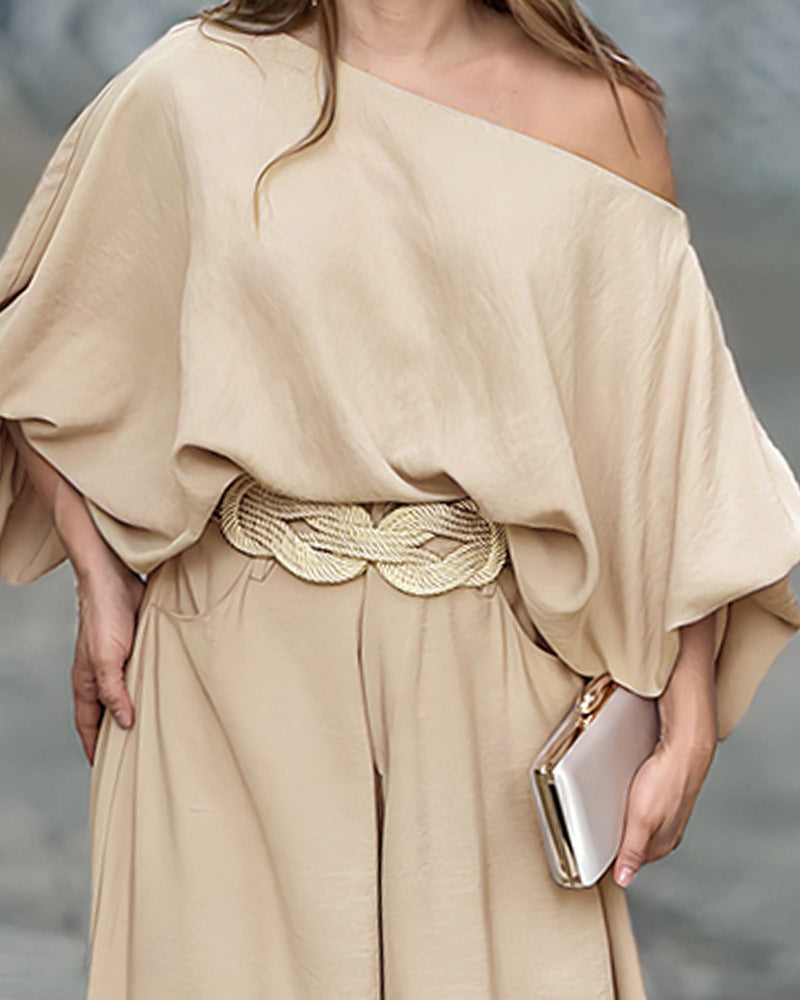 Amsoin Skew Neck Lantern Sleeve Top & Wide Leg Pants Set