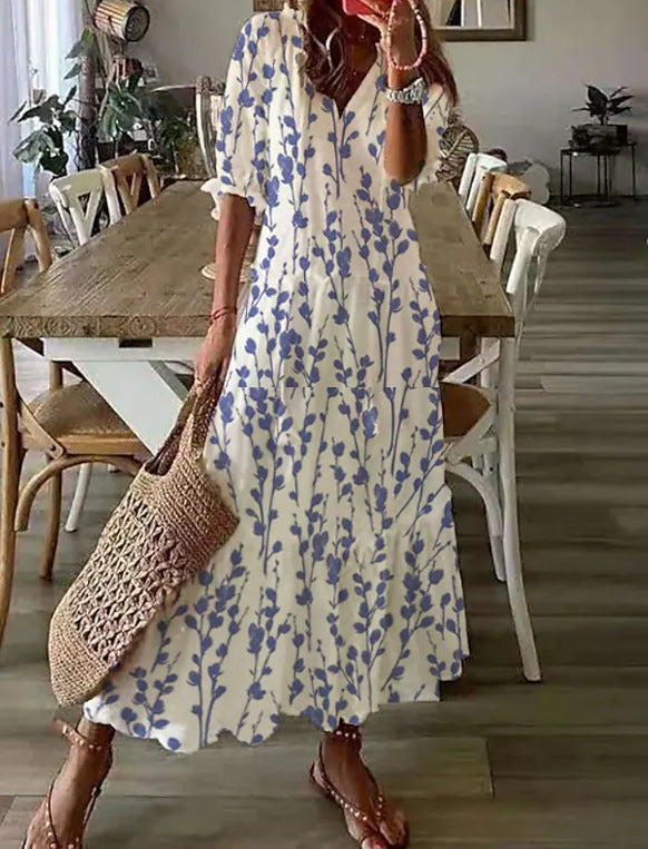 Amsoin Loose Bohemian Printed V-neck Maxi Dress