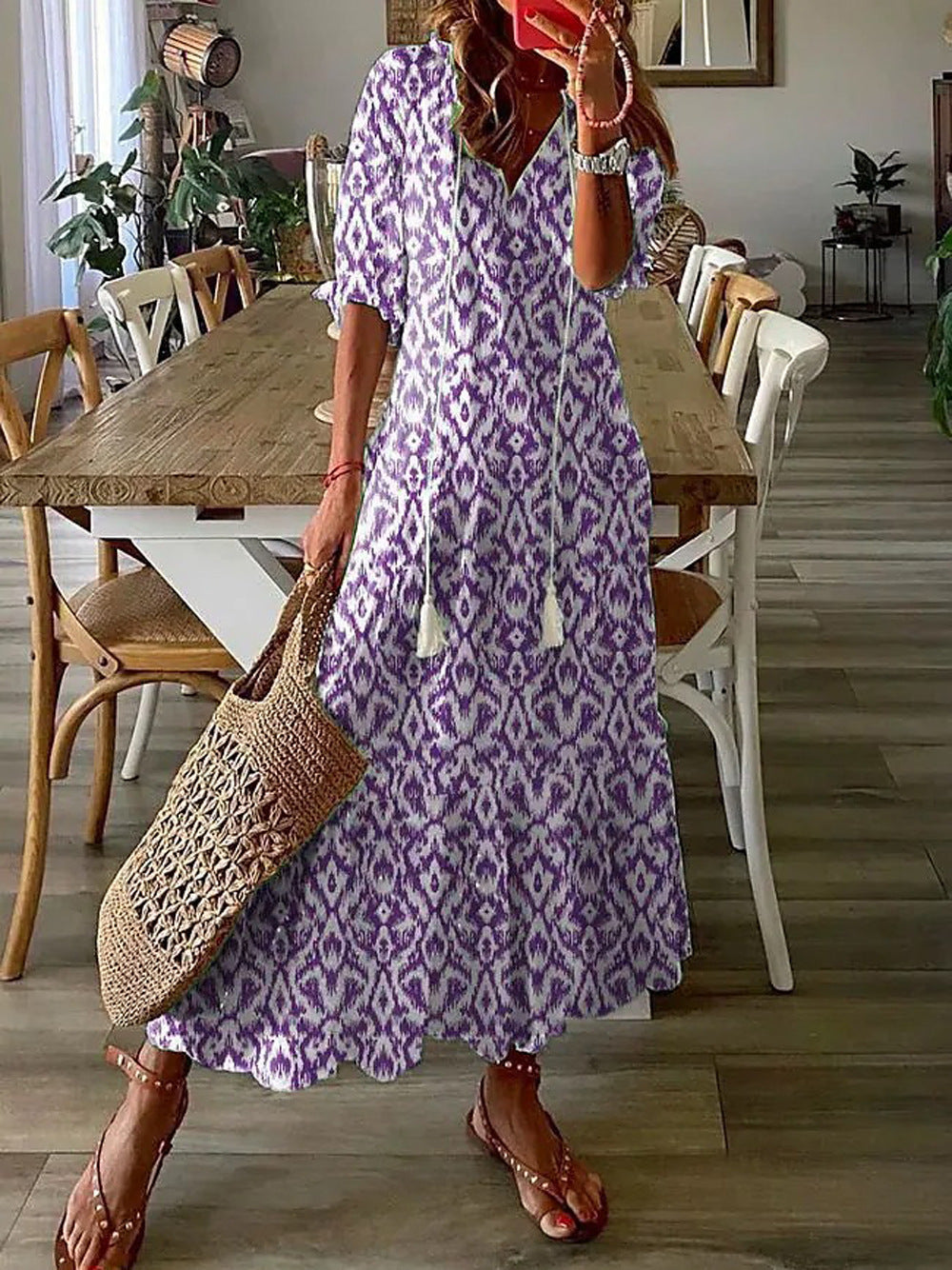 Amsoin Loose V-neck Printed Dress