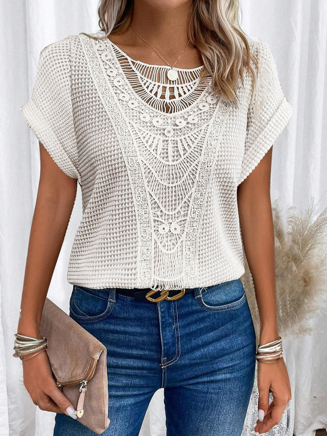 Amsoin Women's Lace Patchwork Batwing Short Sleeve T-Shirt
