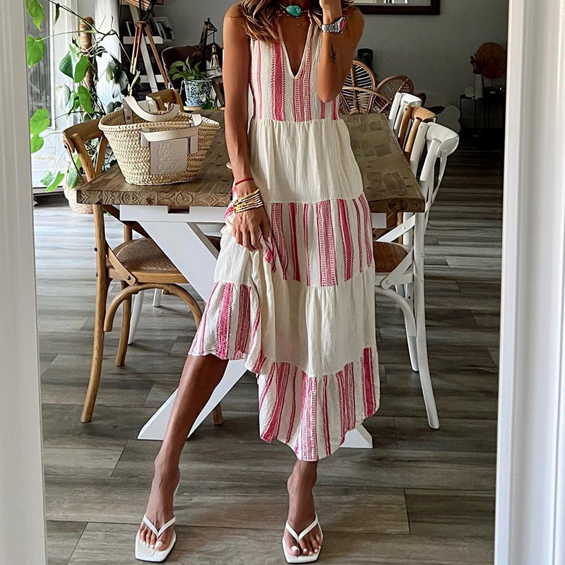 Amsoin Striped Print V-Neck Sleeveless Maxi Dress