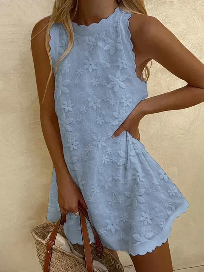 Amsoin Sweet Vacation Solid Embroidered Vest Dress