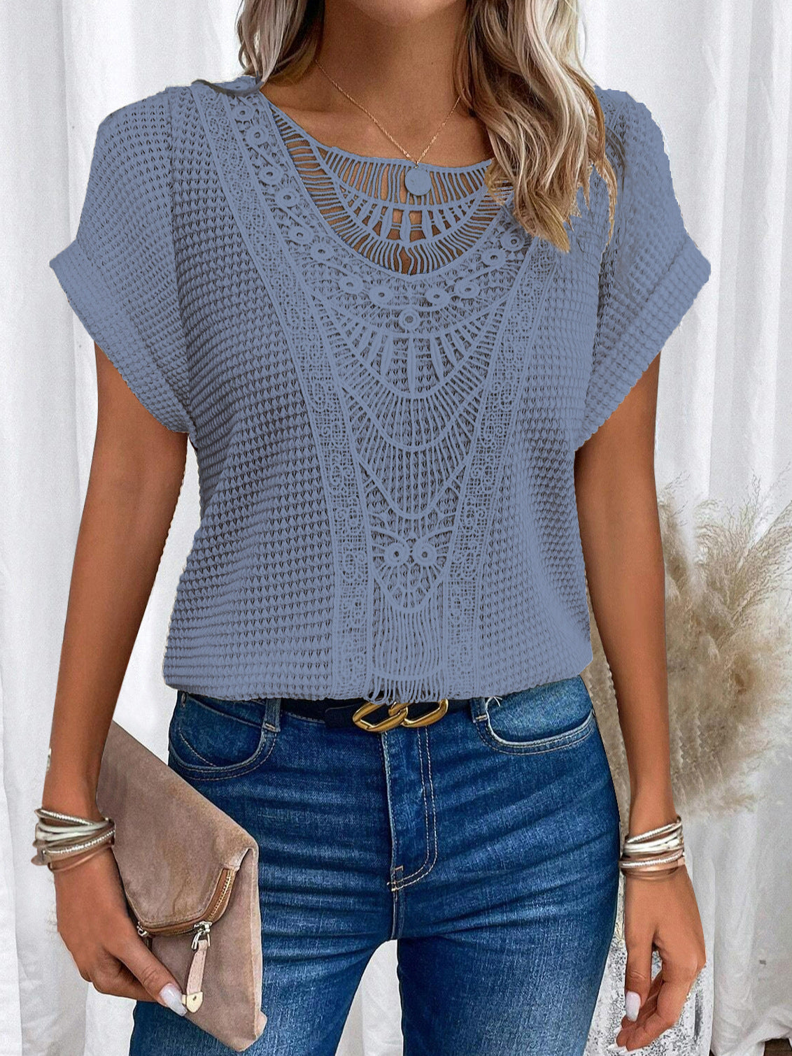 Amsoin Women's Lace Patchwork Batwing Short Sleeve T-Shirt