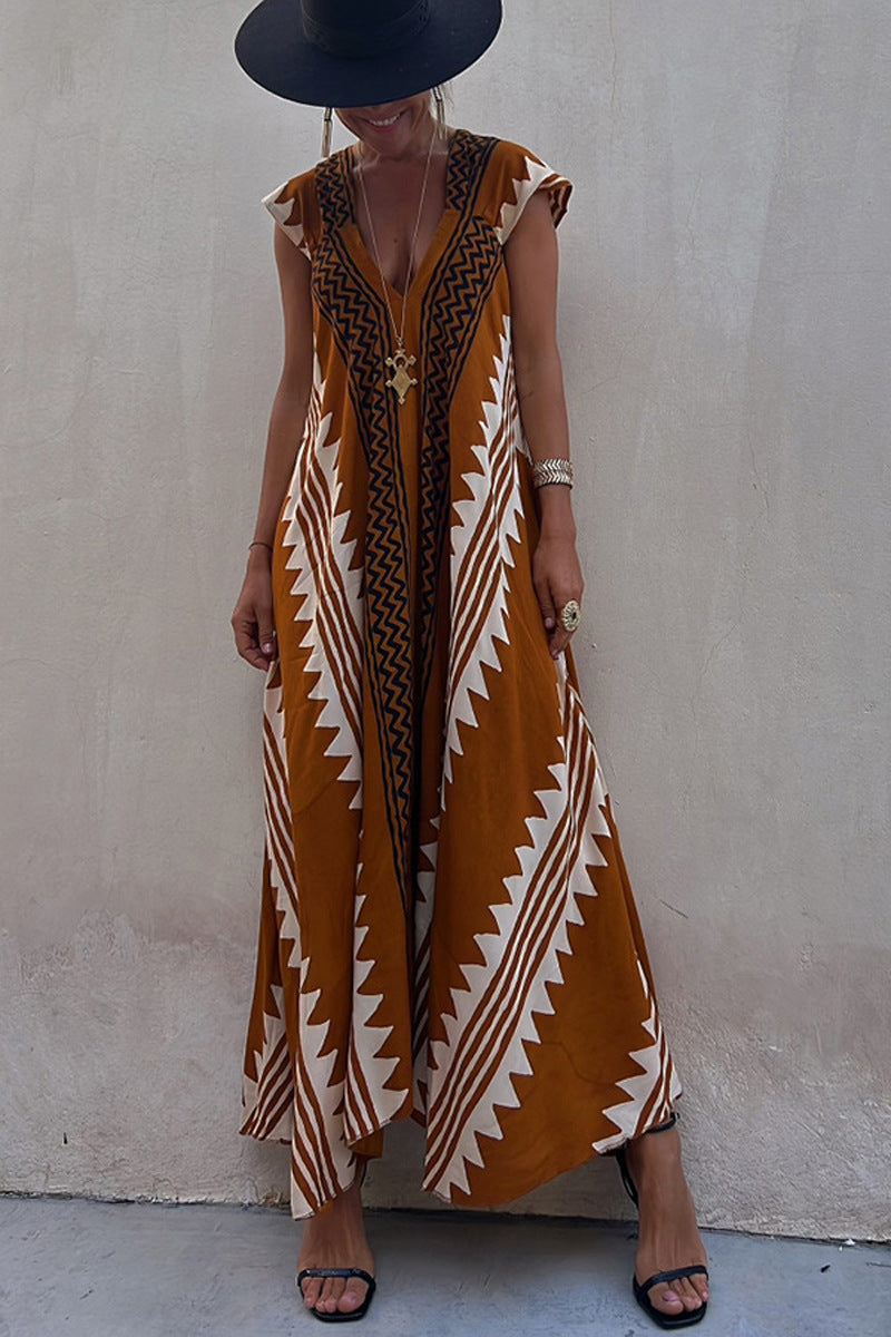 Amsoin V Neck Short Sleeve Color Block Printed  Maxi Swing Dress