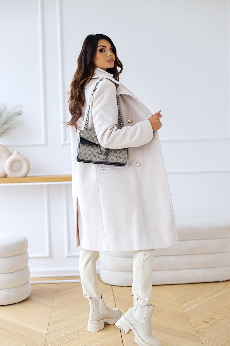 Amsoin Lapel Double Breasted Woolen Coat