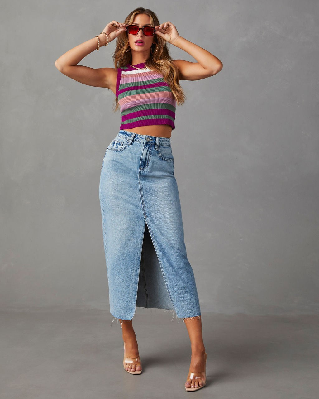 Amsoin High Waist Washed Denim Slit Midi Pencil Skirt