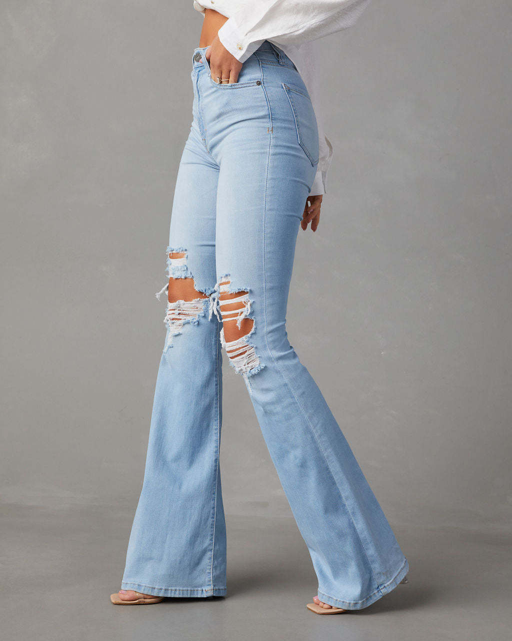 Amsoin Women's Washed Ripped High-waisted wide-leg Jeans
