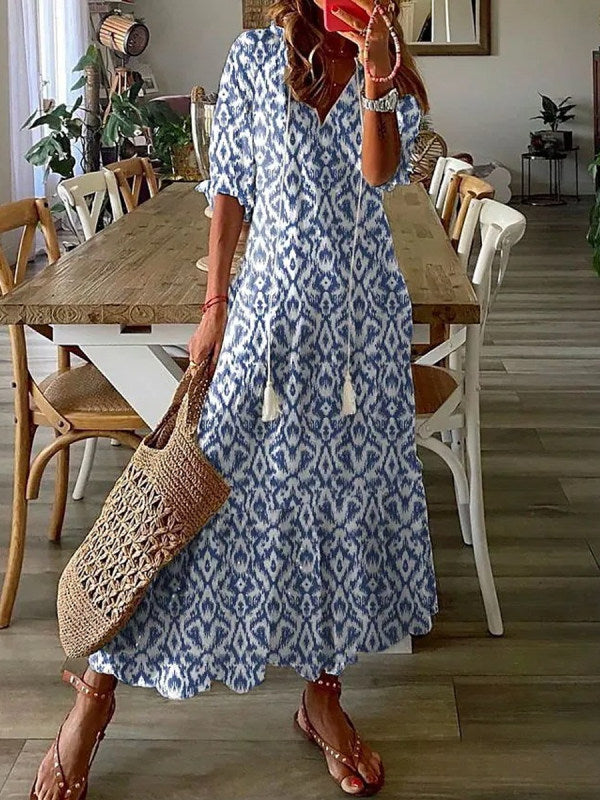 Amsoin Boho V Neck Floral Maxi Dress