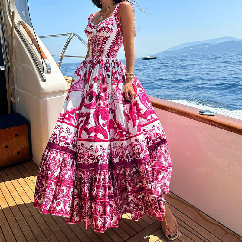 Amsoin Sexy Printed Fashion V-neck Backless High Waist Large Swing Dress