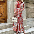 Amsoin Floral Geometric Print Single Breasted Lace Up Pocket Maxi Dress