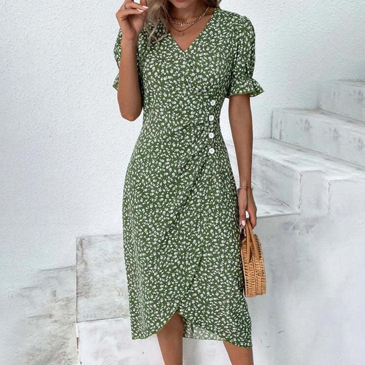 Amsoin Geometric Puff Sleeves Irregular Dress