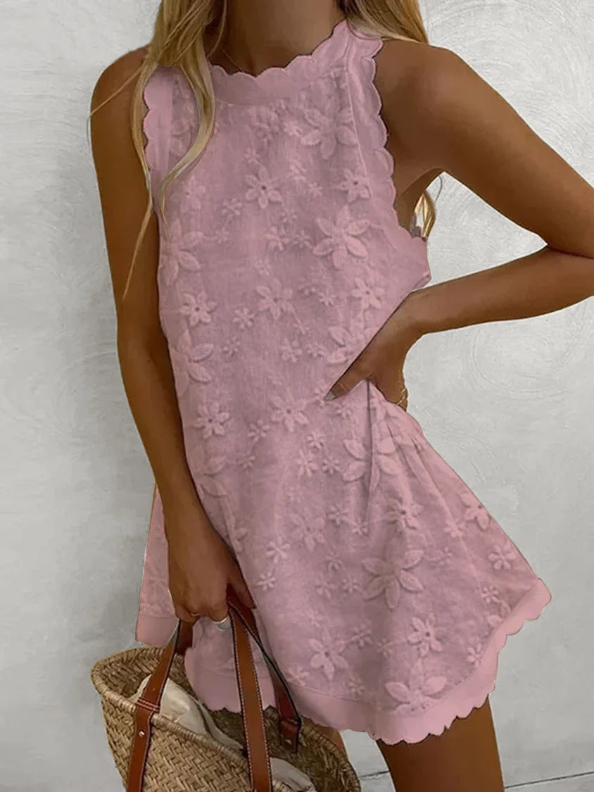 Amsoin Sweet Vacation Solid Embroidered Vest Dress