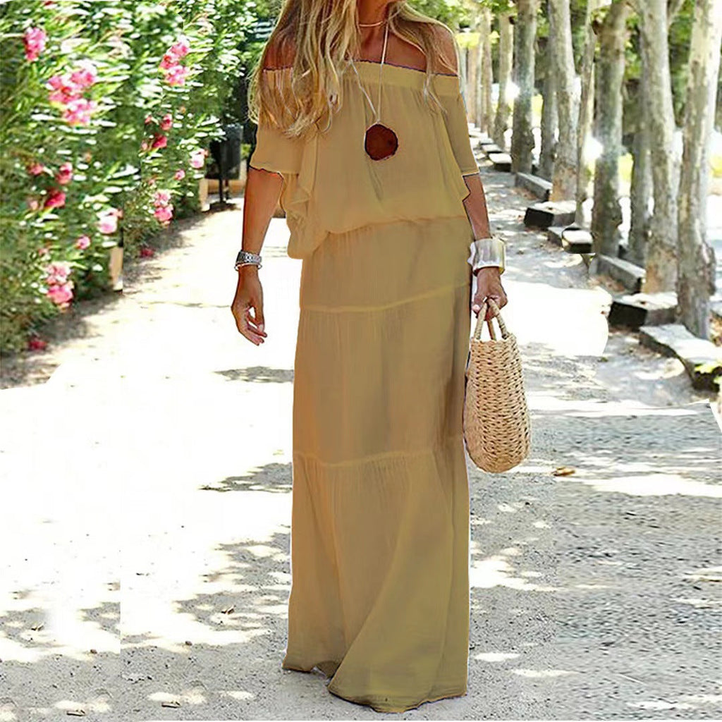 Amsoin Casual Off Shoulder Solid Beach Maxi Dress