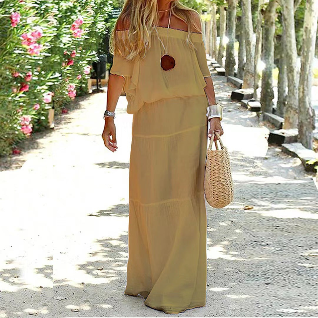 Amsoin Casual Off Shoulder Solid Beach Maxi Dress