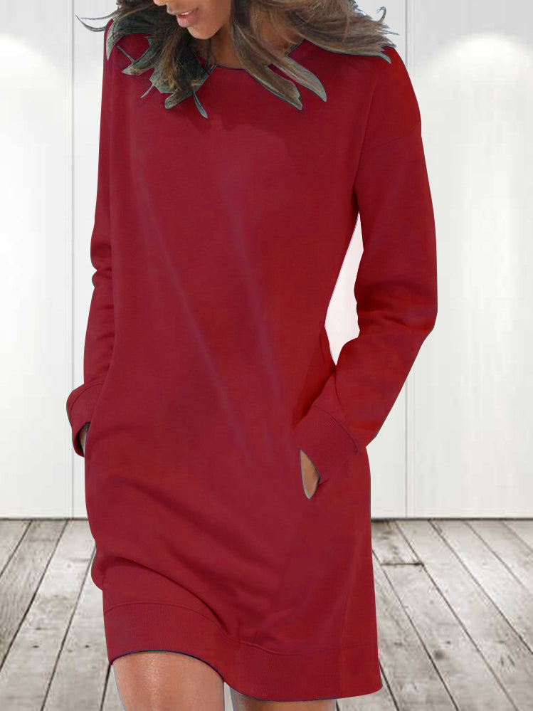 Amsoin Solid Crew Neck Long Sleeve Pocket Dress