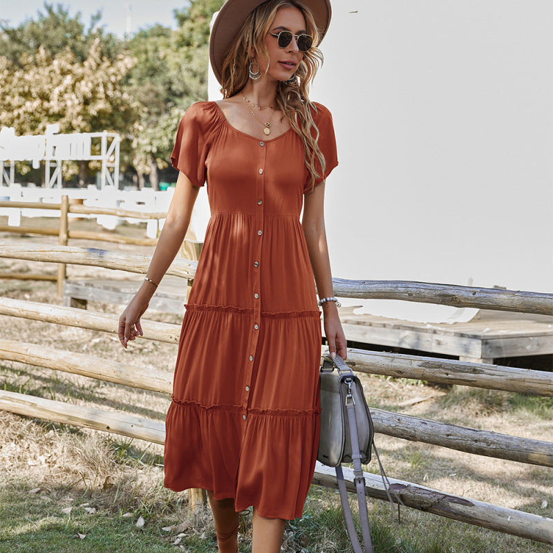 Amsoin Solid Color Short-Sleeved Buttoned Loose Tiered Midi Dress
