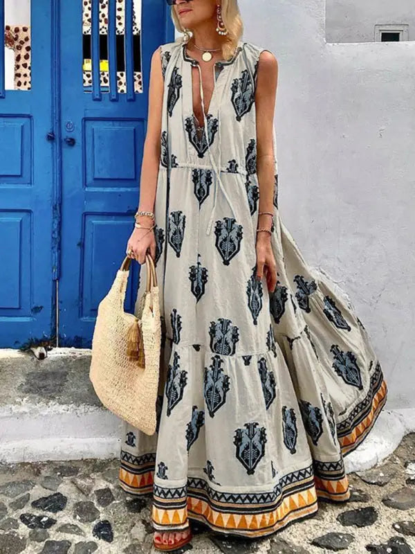 Amsoin Sleeveless Midi Bohemian Print Dress