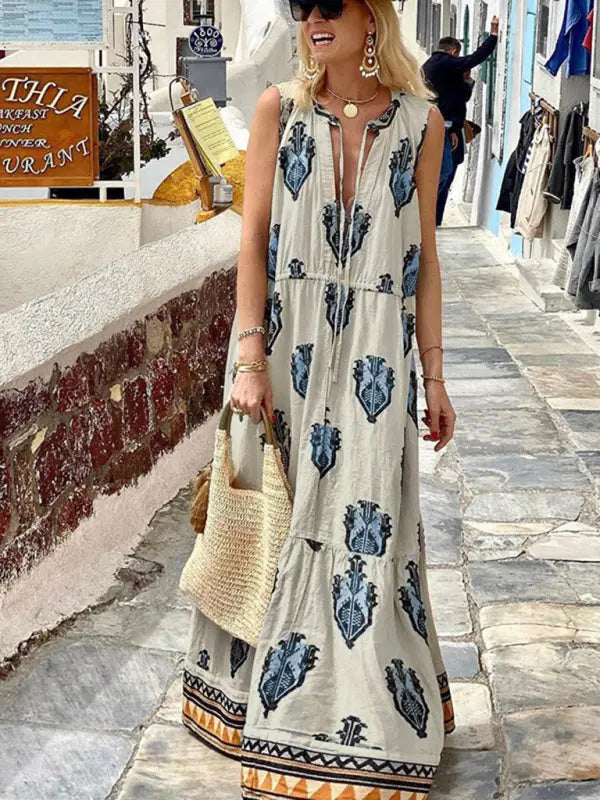 Amsoin Sleeveless Midi Bohemian Print Dress
