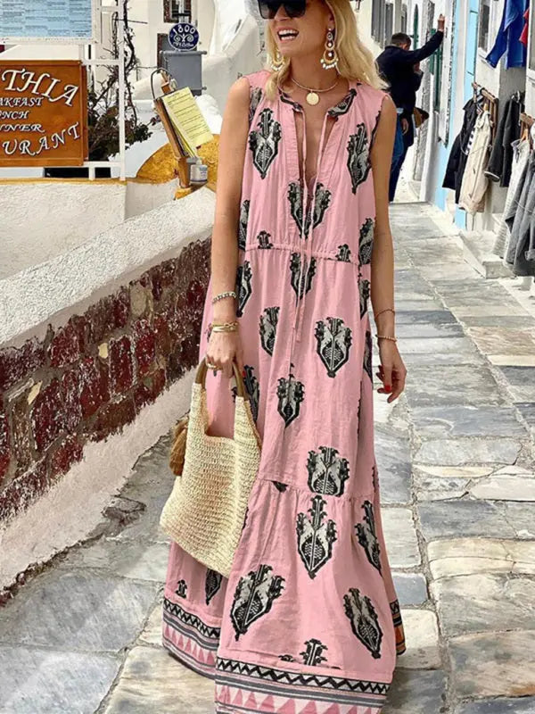 Amsoin Sleeveless Midi Bohemian Print Dress